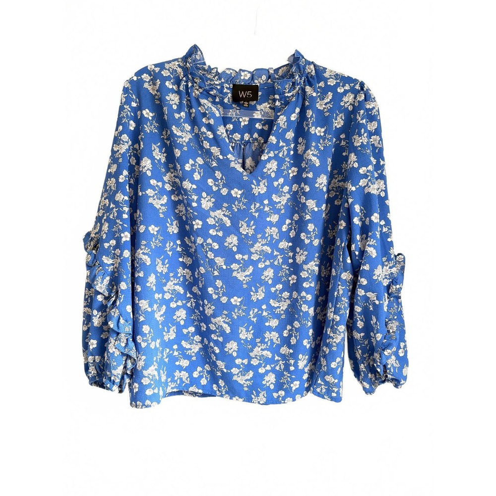 Anthropologie | W5 Long Sleeve V Neck Ruffle Collar Blue White Floral Blouse L